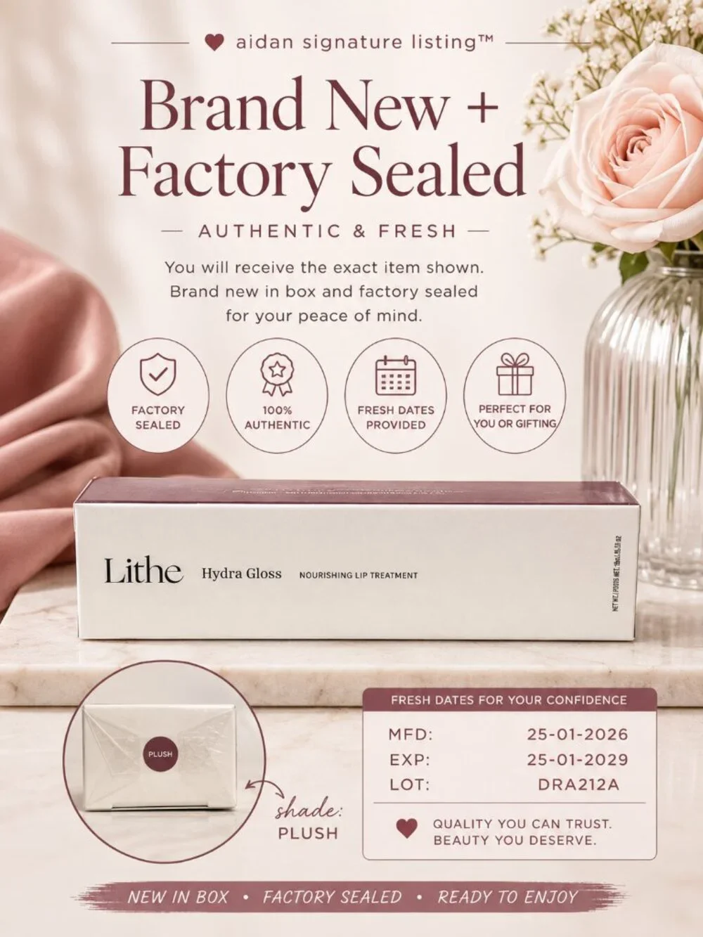 Lithe Beauty Hydra Gloss Plush Mauve Rose Nourishing Peptide Lip Treatment NIB